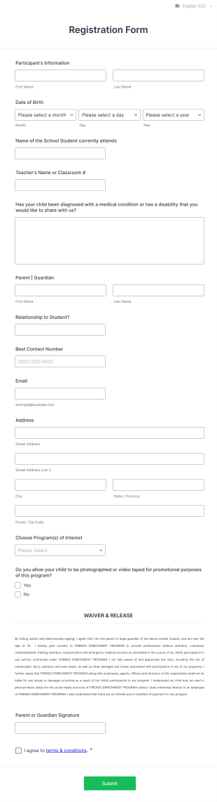 After School Programs Enrollment Form Template