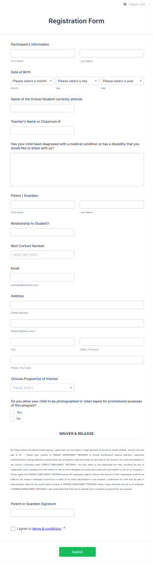 After School Programs Enrollment Form Template
