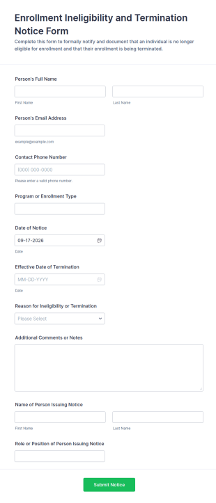 Enrollment Ineligibility And Termination Notice Form Template