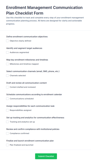 Enrollment Management Communication Plan Checklist Form Template