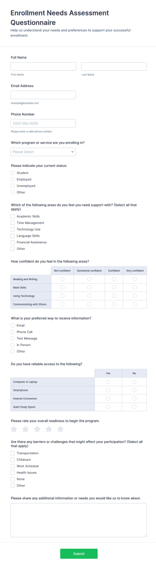 Enrollment Needs Assessment Questionnaire Form Template