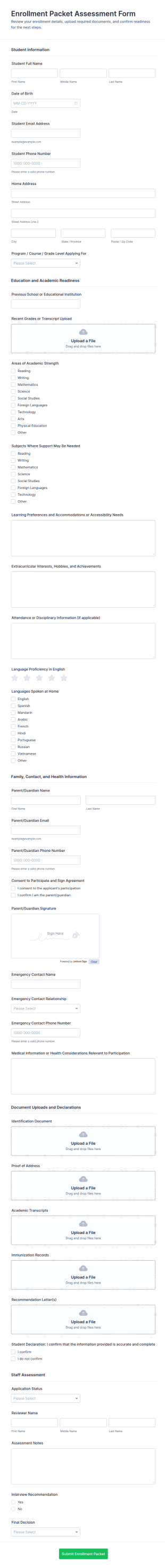 Enrollment Packet Assessment Form Template