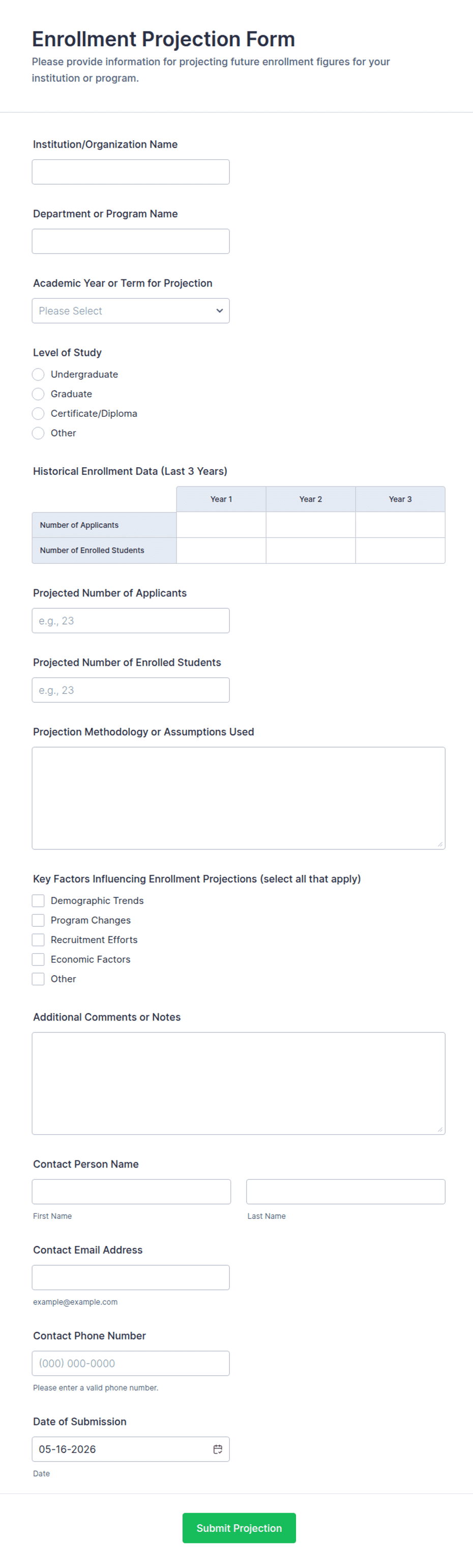 Enrollment Projection Form Template | Jotform