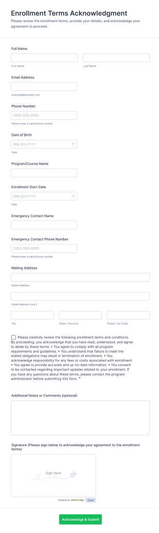 Enrollment Terms Acknowledgment Form Template