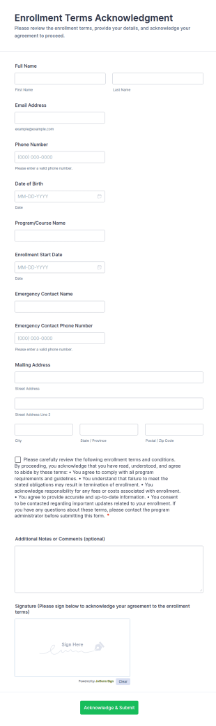 Enrollment Terms Acknowledgment Form Template