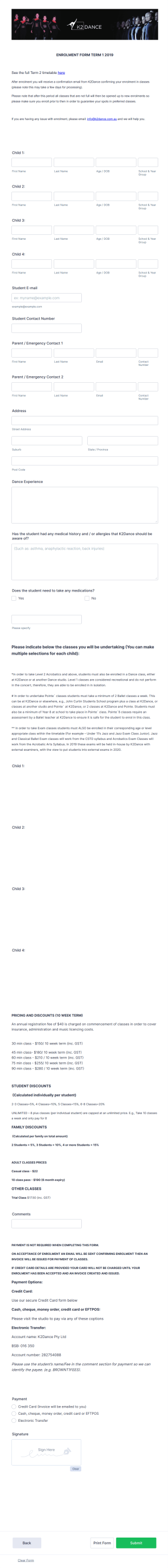 Dance School Enrollment Form Template