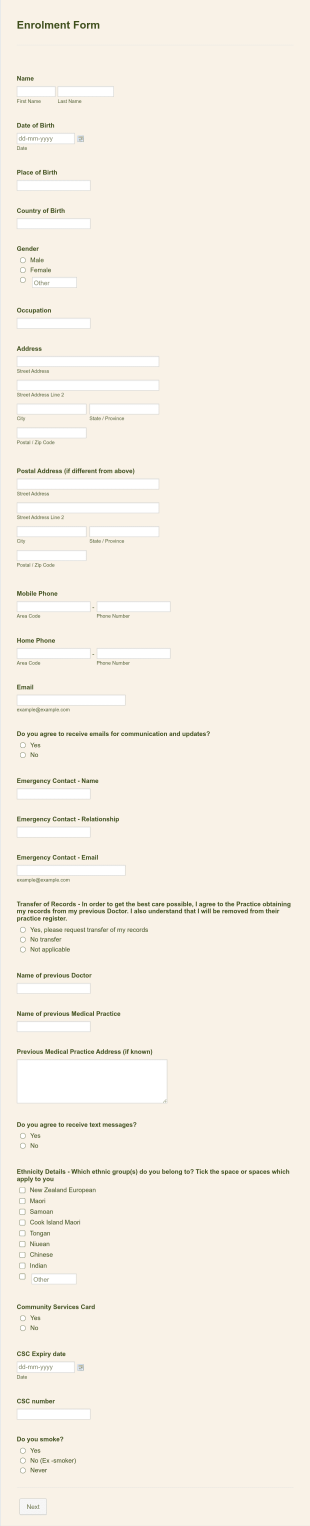 Enrolment Form GP Practices In New Zealand No Logo Form Template
