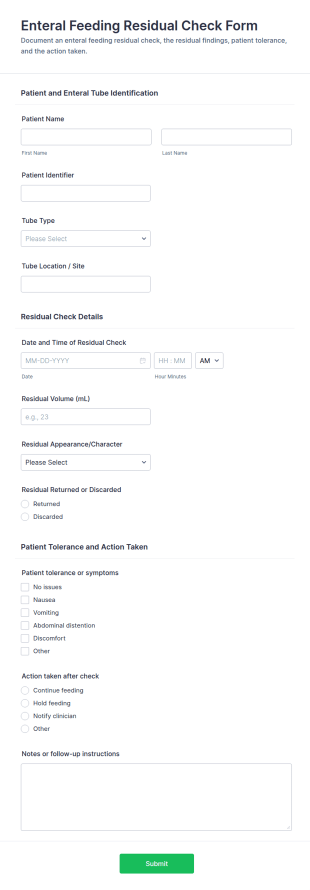 Enteral Feeding Residual Check Form Template