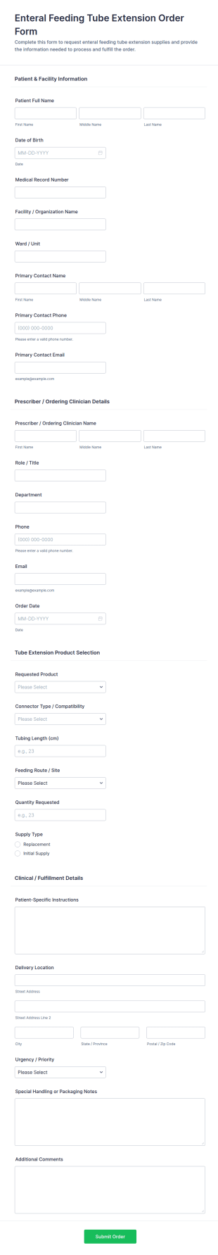 Enteral Feeding Tube Extension Order Form Template