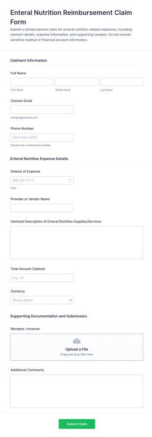 Enteral Nutrition Reimbursement Claim Form Template