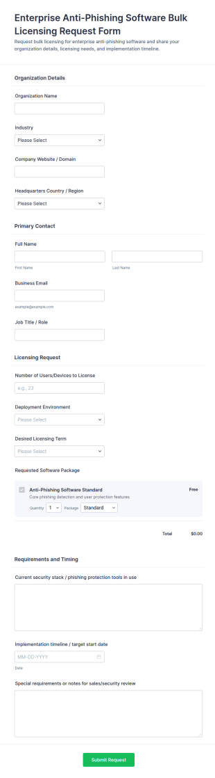 Enterprise Anti Phishing Software Bulk Licensing Request Form Template