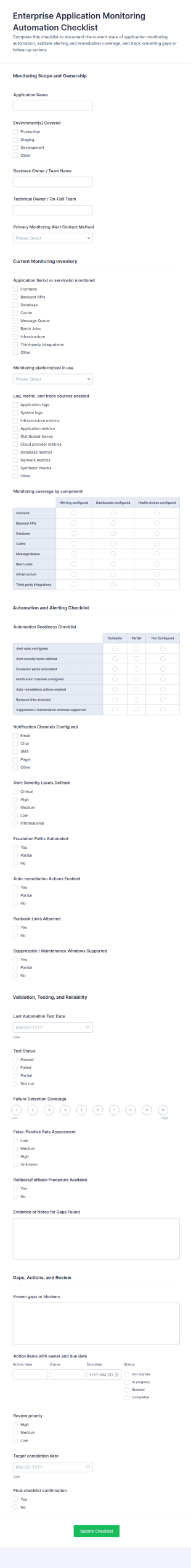 Enterprise Application Monitoring Automation Checklist Form Template