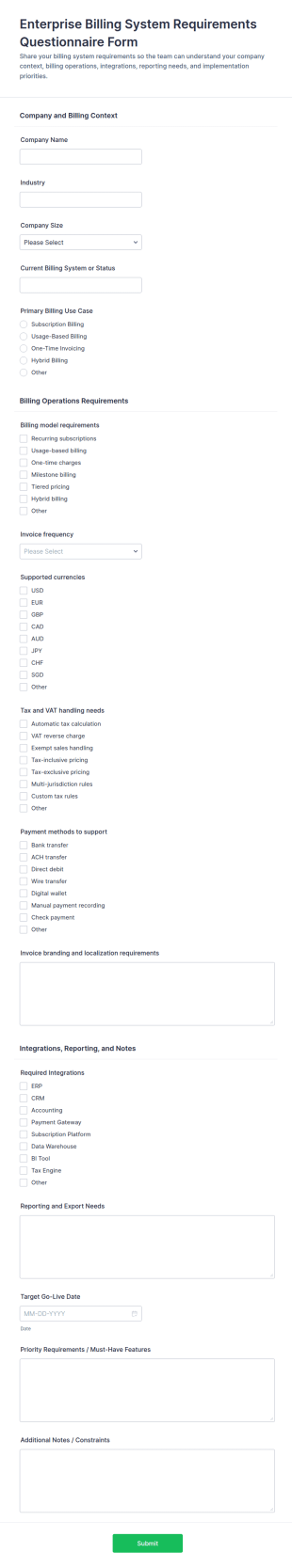 Enterprise Billing System Requirements Questionnaire Form Template