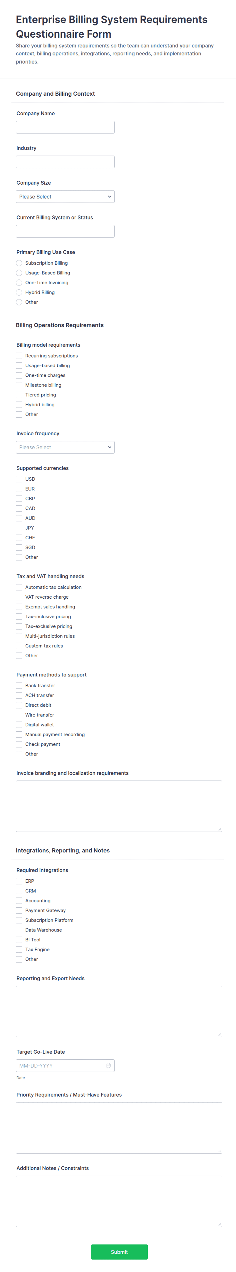 Enterprise Billing System Requirements Questionnaire Form Template ...