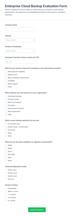 Enterprise Cloud Backup Evaluation Form Template
