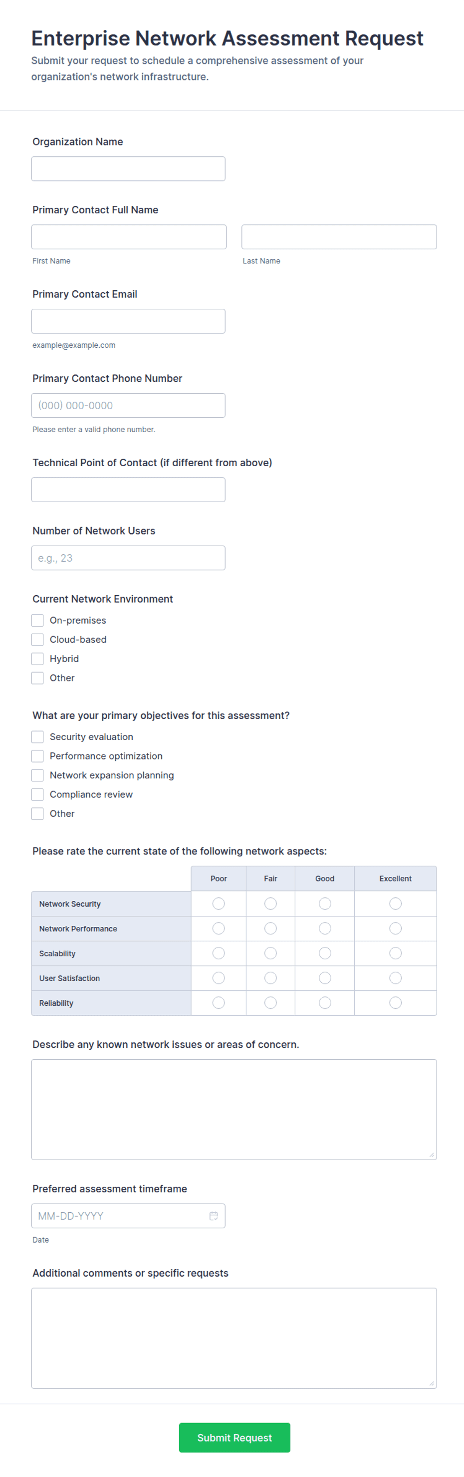 Enterprise Network Assessment Request Form Template | Jotform