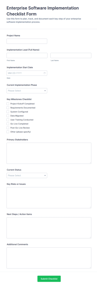 Enterprise Software Implementation Checklist Form Template