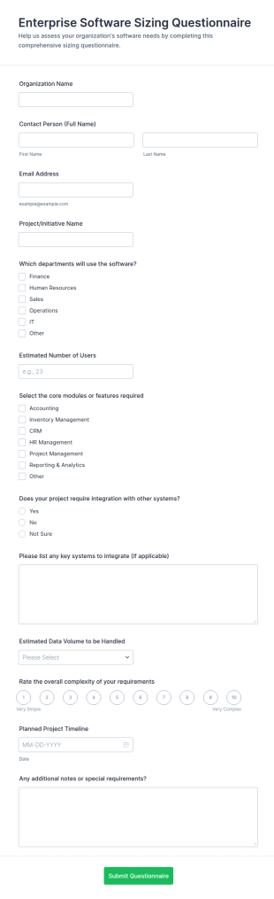 Enterprise Software Sizing Questionnaire Form Template