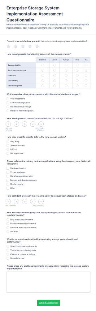 Enterprise Storage System Implementation Assessment Questionnaire Form Template