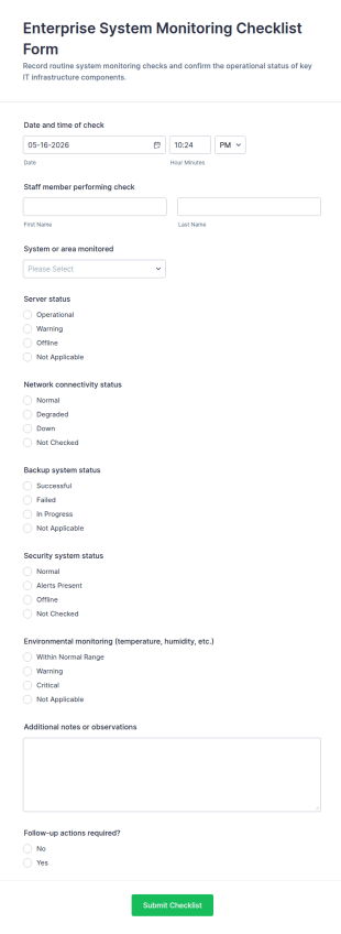 Enterprise System Monitoring Checklist Form Template