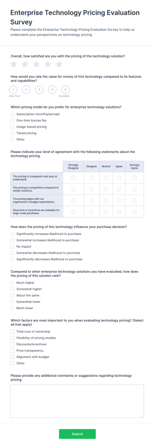 Enterprise Technology Pricing Evaluation Survey Form Template