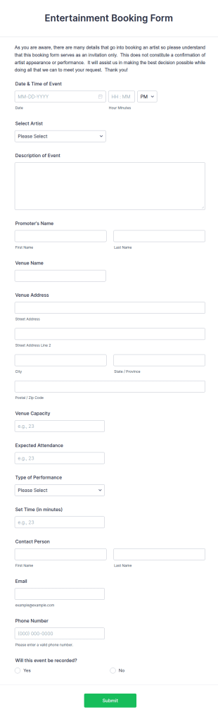 Entertainment Booking Form Template