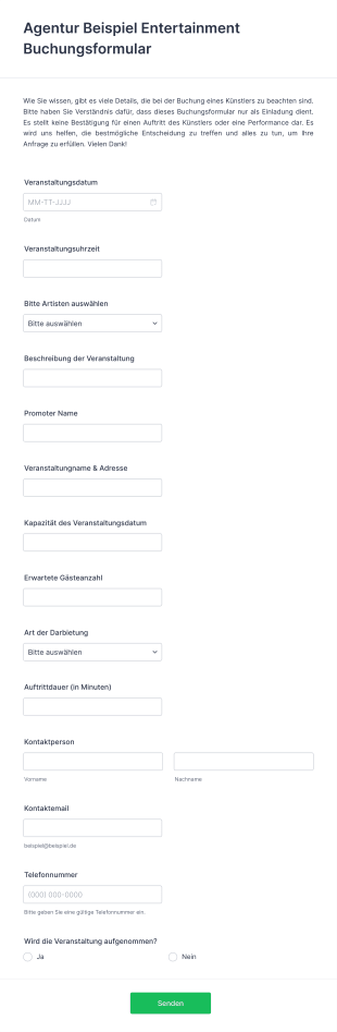 Entertainment Buchungsformular Form Template