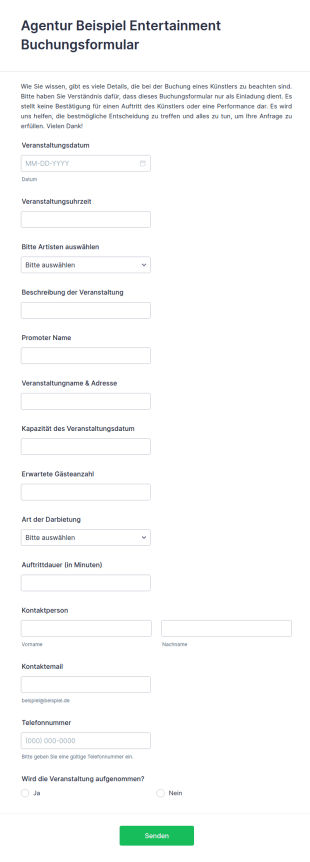 Entertainment Buchungsformular