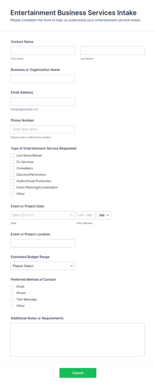 Entertainment Business Services Intake Form Template