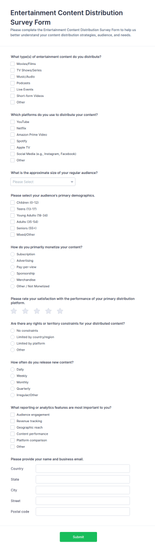 Entertainment Content Distribution Survey Form Template