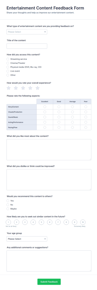 Entertainment Content Feedback Form Template