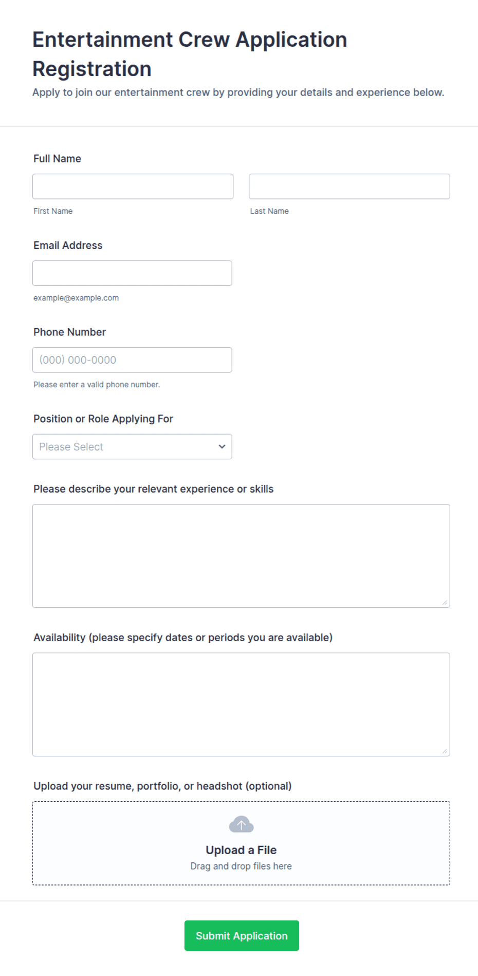 Entertainment Crew Application Registration Form Template | Jotform