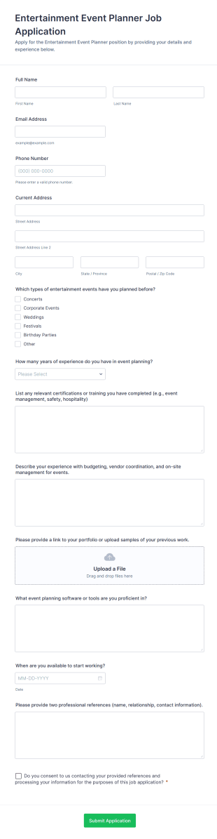 Entertainment Event Planner Job Application Form Template