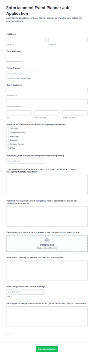 Entertainment Event Planner Job Application Form Template