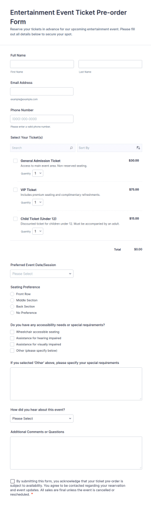 Entertainment Event Ticket Pre Order Form Template