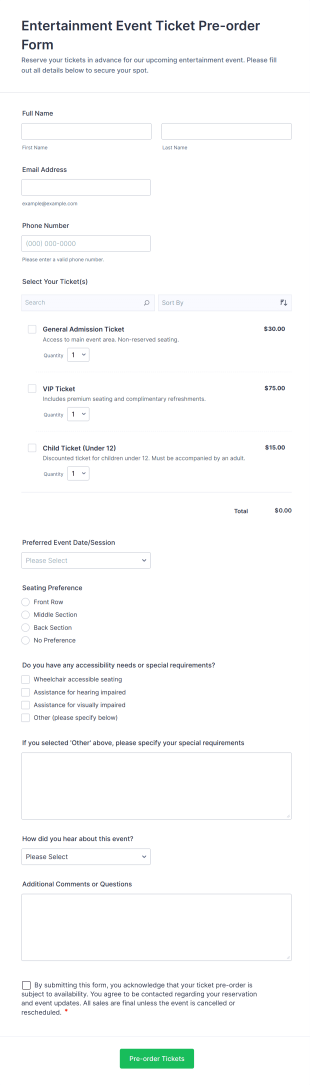Entertainment Event Ticket Pre Order Form Template
