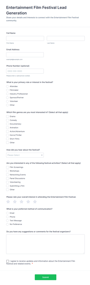 Entertainment Film Festival Lead Generation Form Template