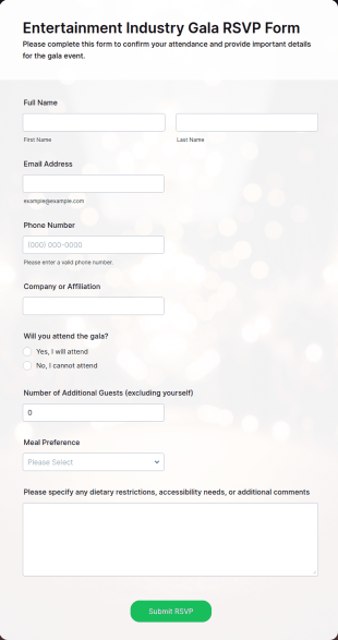 Entertainment Industry Gala RSVP Form Template