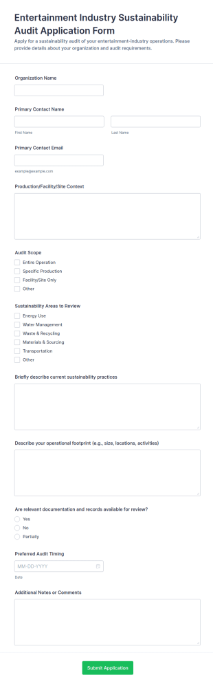 Entertainment Industry Sustainability Audit Application Form Template