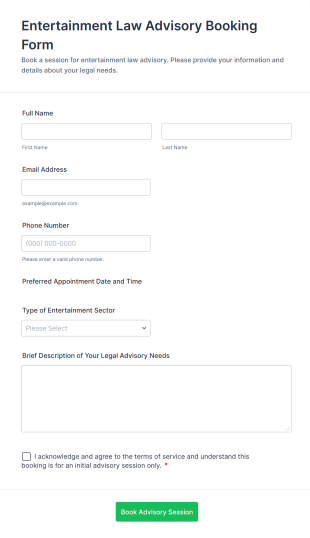 Entertainment Law Advisory Booking Form Template