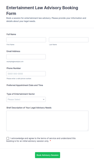 Entertainment Law Advisory Booking Form Template