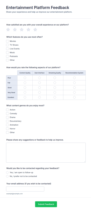 Entertainment Platform Feedback Form Template