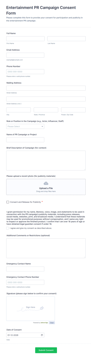 Entertainment PR Campaign Consent Form Template
