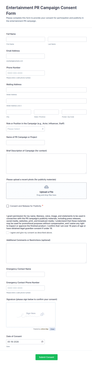 Entertainment PR Campaign Consent Form Template