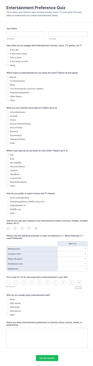 Entertainment Preference Quiz Form Template