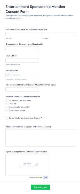 Entertainment Sponsorship Mention Consent Form Template