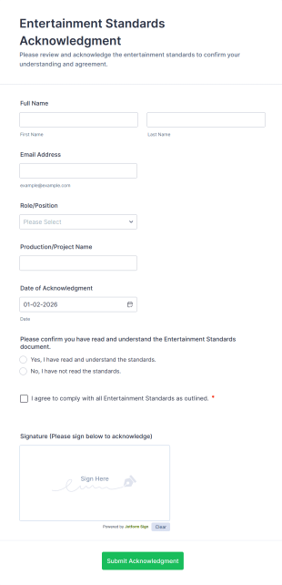 Entertainment Standards Acknowledgment Form Template