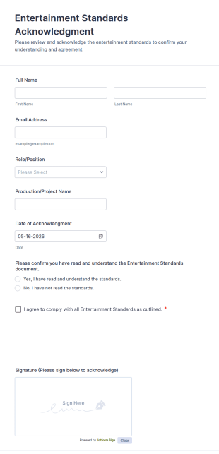 Entertainment Standards Acknowledgment Form Template