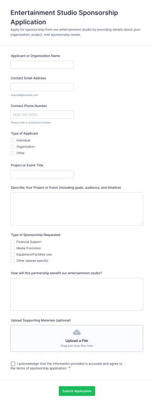Entertainment Studio Sponsorship Application Form Template