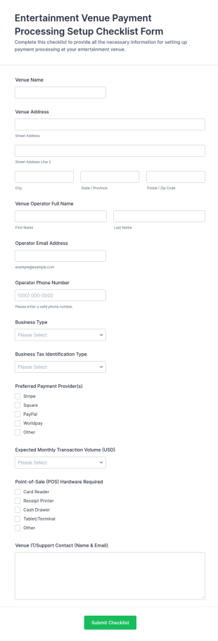 Entertainment Venue Payment Processing Setup Checklist Form Template